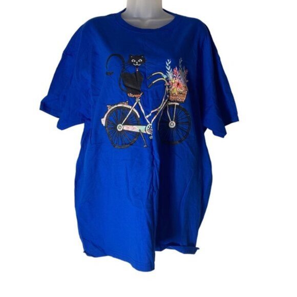 Black Cat On Bike Fruit Of The Loom T-Shirt Women’s Blue Size X-Large - Picture 1 of 5